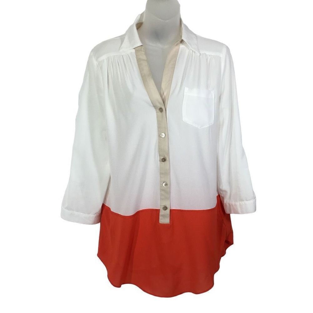 IZ Byer Women's V-Neck Collared Colorblock Semi-sheer Blouse tunic medium